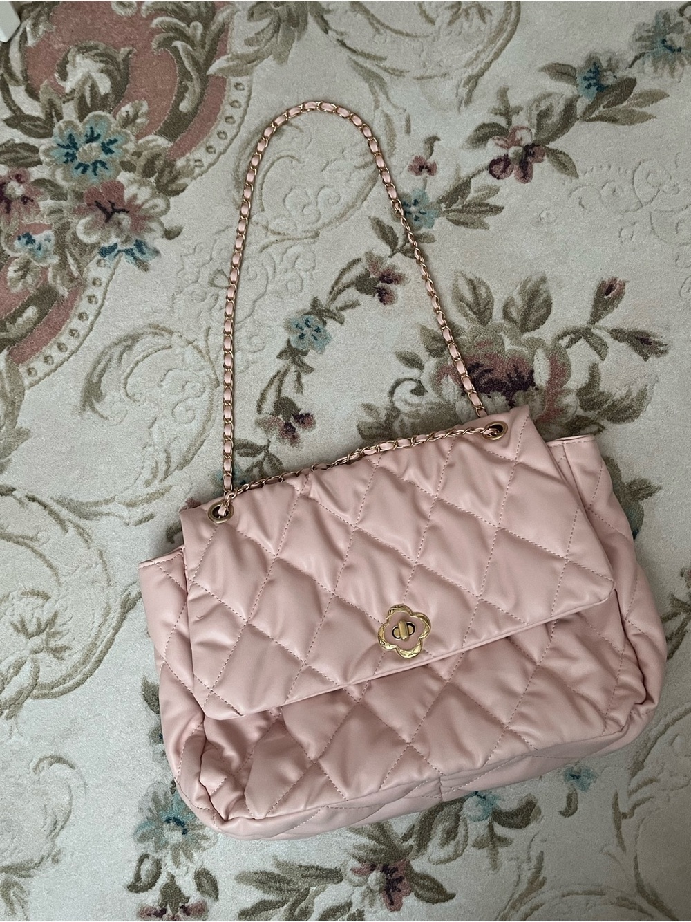 Soft Quilted Pink Shoulder Bag with Gold Chain